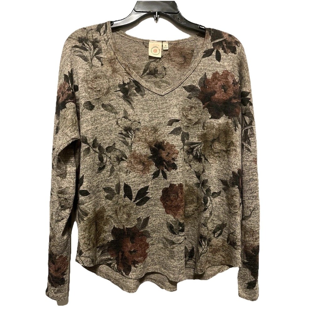 Live In The Moment Womens Sweater Size M Gray Floral V-Neck Long Sleeve Pullover